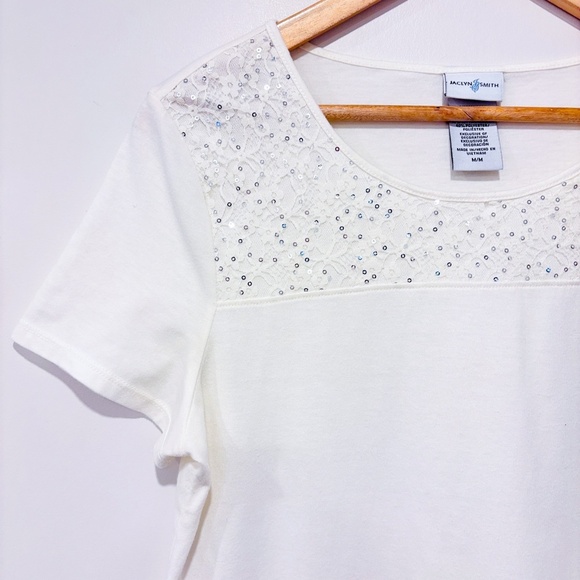 JACLYN SMITH Cream Lace Sequin Short Sleeve Top | Medium * - Picture 3 of 6